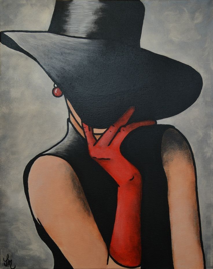 a painting of a woman wearing a black hat and red gloves with her hands on her face