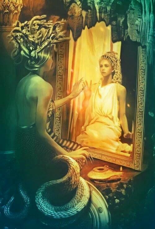 a woman sitting in front of a mirror with the caption god morning red dawn it's friday, blessed be