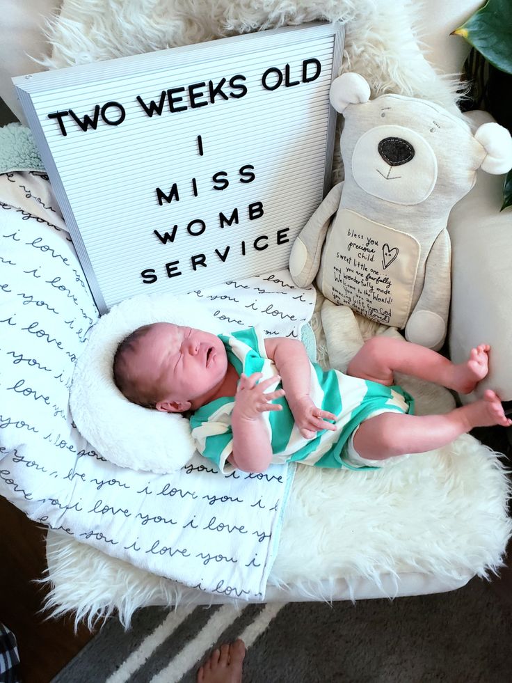 a baby laying in a chair next to a teddy bear and a sign that says two weeks old i miss woman service