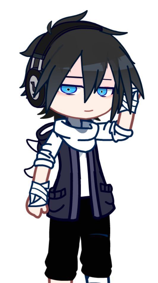 an anime character with black hair and blue eyes, holding his hand up to his ear