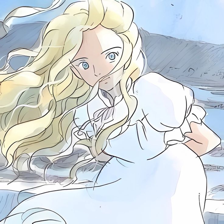 a drawing of a woman with long blonde hair in a white dress and blue eyes