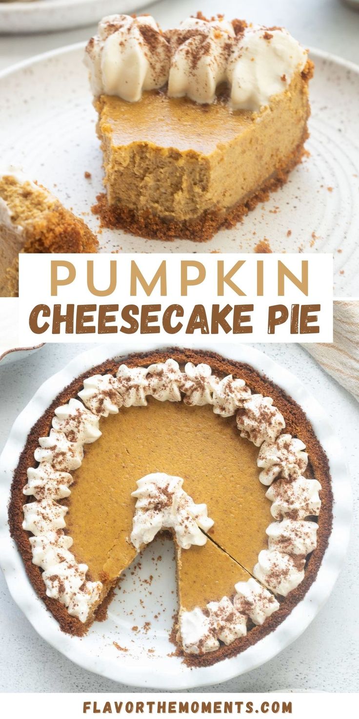 pumpkin cheesecake pie on a plate with the words pumpkin cheesecake pie above it