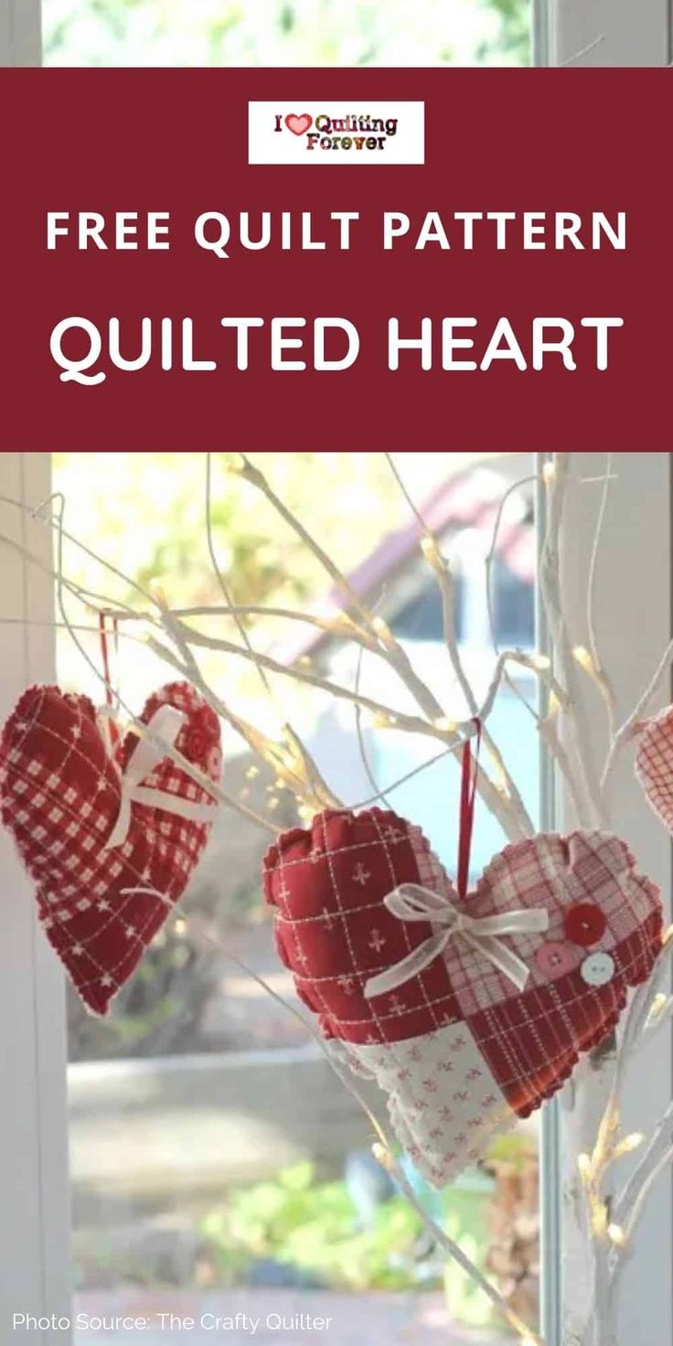 three hearts hanging from a window with text overlay that reads free quilt pattern quilted heart