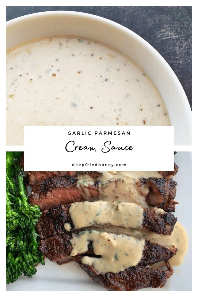 grilled steak, broccoli and cream sauce on a plate with the words garlic parmesan