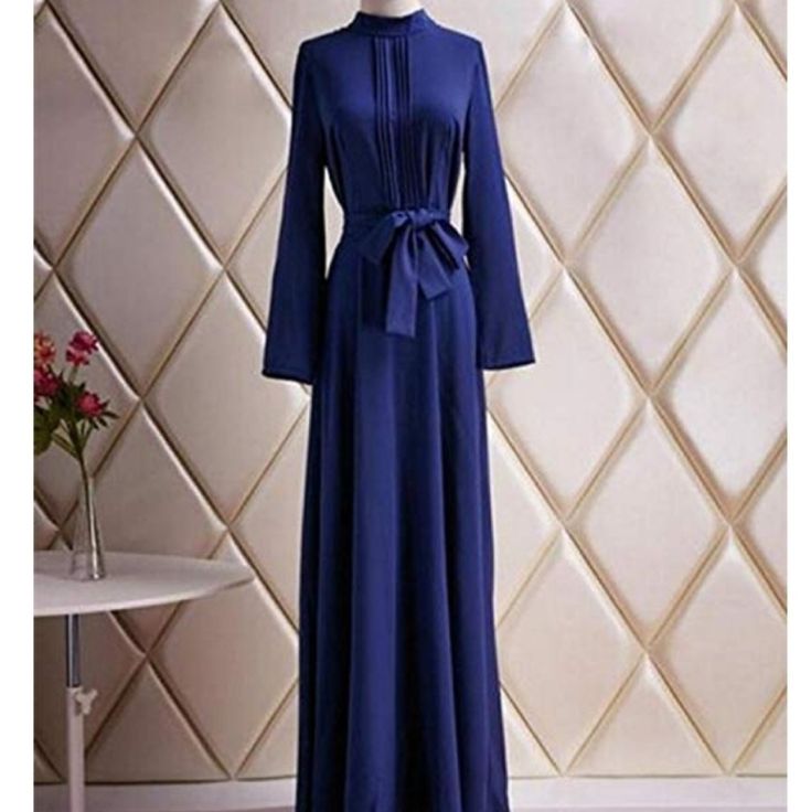 Never Worn, Beautiful Navy Blue Maxi Dress Blue Formal Maxi Dress For Fall, Blue Maxi Dress For Formal Fall Occasions, Modest Long Sleeve Blue Maxi Dress, Modest Blue Party Dress, Blue Modest Party Dresses, Modest Blue Maxi Dress For Fall, Modest Blue Maxi Dress For Party, Chic Blue Maxi Dress For Fall, Belted Long Dress