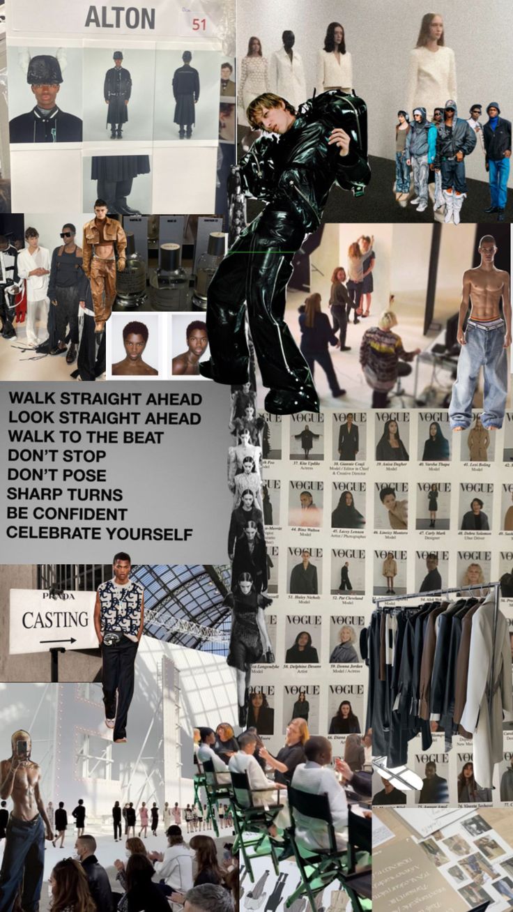 the collage shows people walking, sitting and standing in front of many different types of clothing