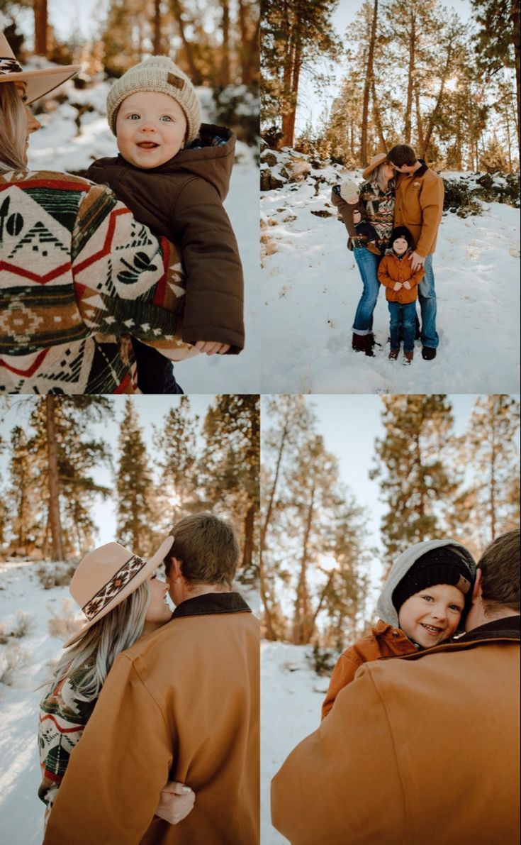 two people and a child are in the snow together, one is wearing a brown coat