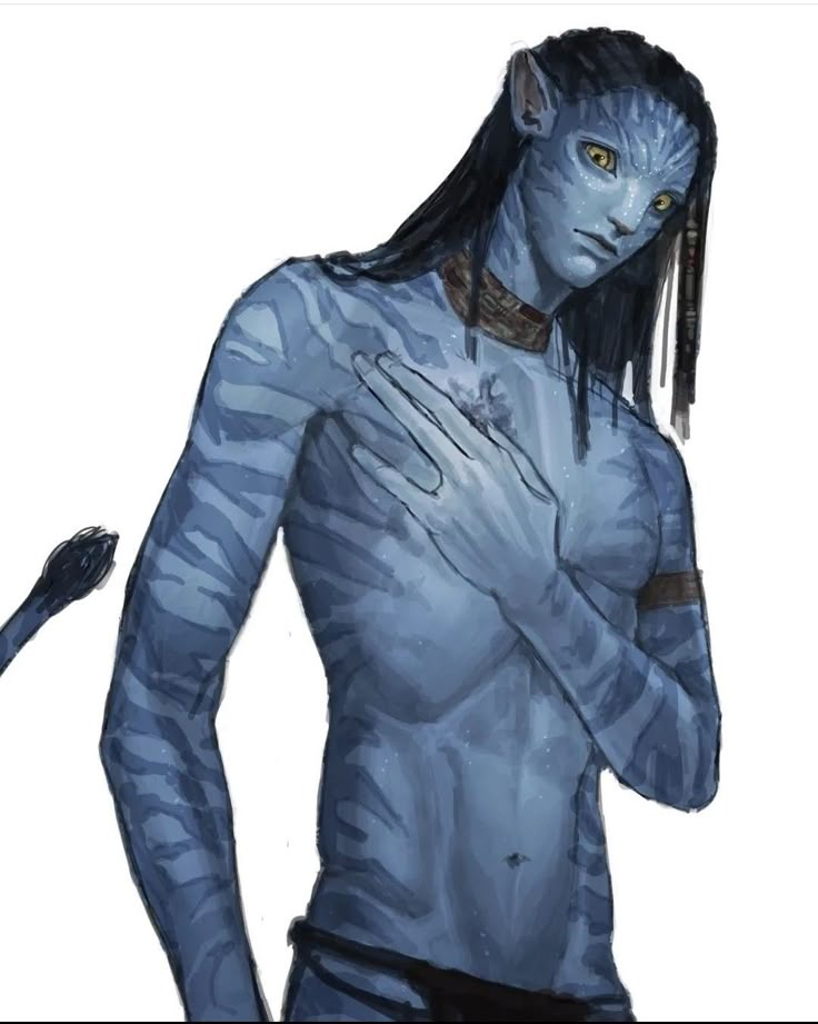 a drawing of a man with blue paint on his body and hands in his chest