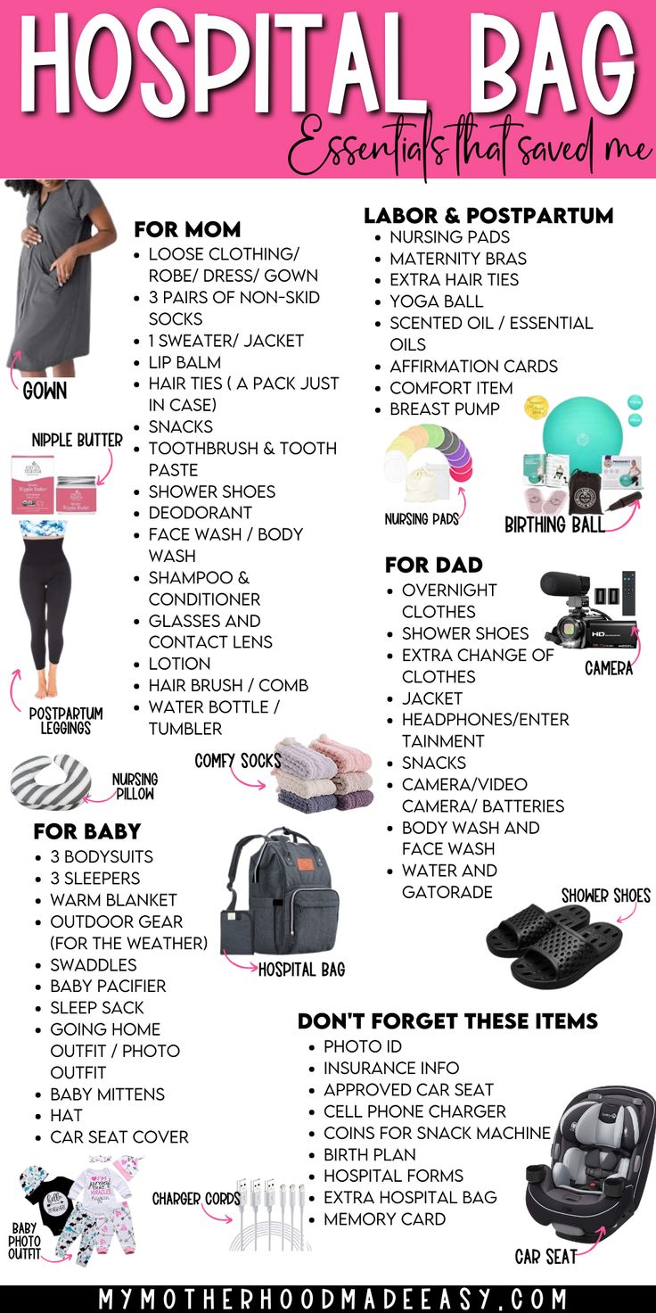 the hospital bag essentials that saved me list is shown in pink with black and white text