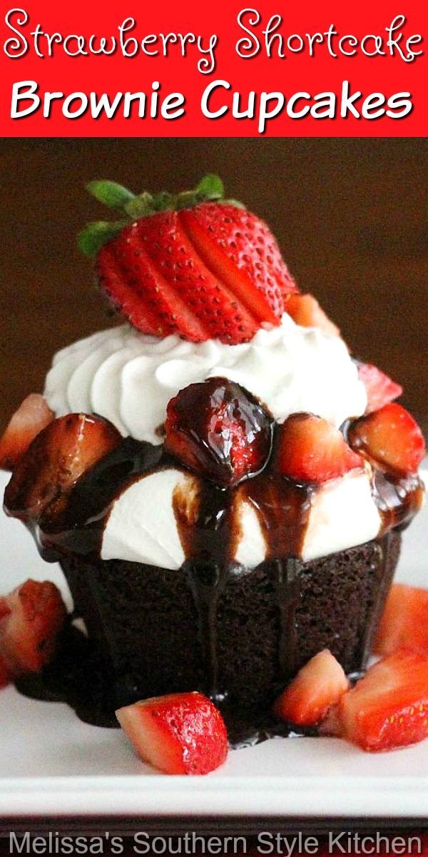 strawberry shortcake brownie cupcakes are topped with whipped cream and strawberries