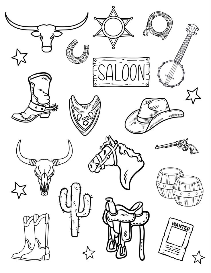 coloring page with cowboy related items for kids to color and print on the back side