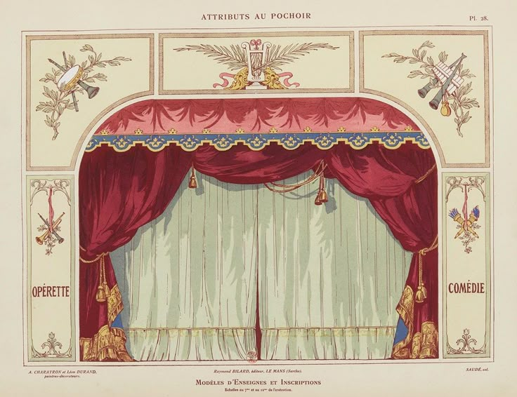 an illustration of a red curtain with gold trimmings on the top and bottom