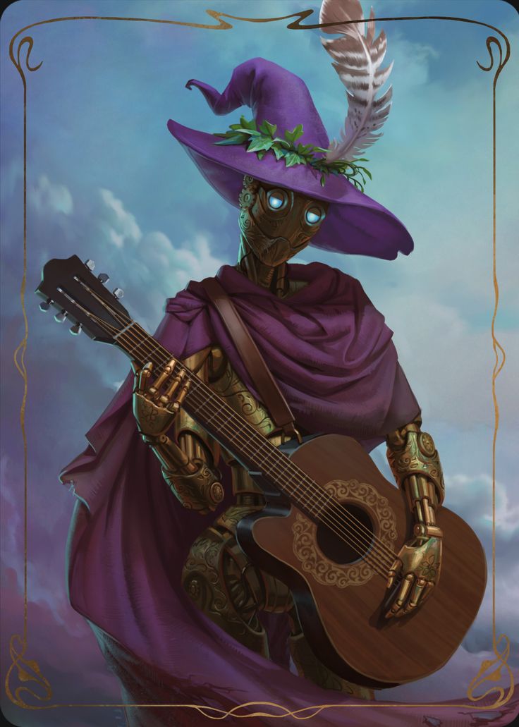 a cartoon character with a guitar in his hand and a purple hat on their head