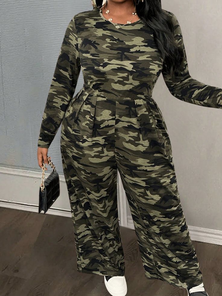 Plus Size Women's Casual Camo Print Knit Jumpsuit, Loose Fit Wide Leg Long Sleeve, For Spring And Fall Army Green Casual  Long Sleeve Knitted Fabric Camo,All Over Print Unitard Medium Stretch  Women Plus Clothing, size features are:Bust: ,Length: ,Sleeve Length: Camo Jumpsuit Outfit, Jumpsuit Outfit Plus Size, Camouflage Jumpsuit, Camo Jumpsuit, Maternity Romper, Stand Collar Top, Black And White Romper, Camo Outfits, Wrap Romper