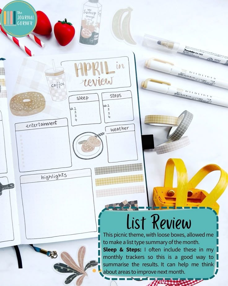 an open planner with the words, list review and other things to do on it