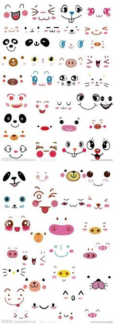 an assortment of cartoon faces with different expressions and shapes, including cats, dogs, and birds