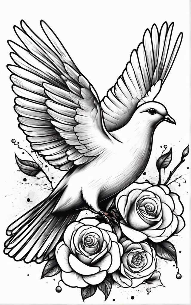 a black and white drawing of a bird with roses