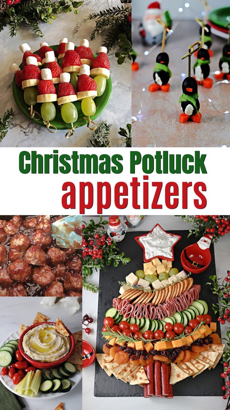 a collage of appetizers perfect for a Christmas party. Appetizers Cold, Potluck Appetizers, Christmas Potluck, Cold Dips, Holiday Hosting, Easy Christmas, Finger Foods, Holiday Party, Appetizer