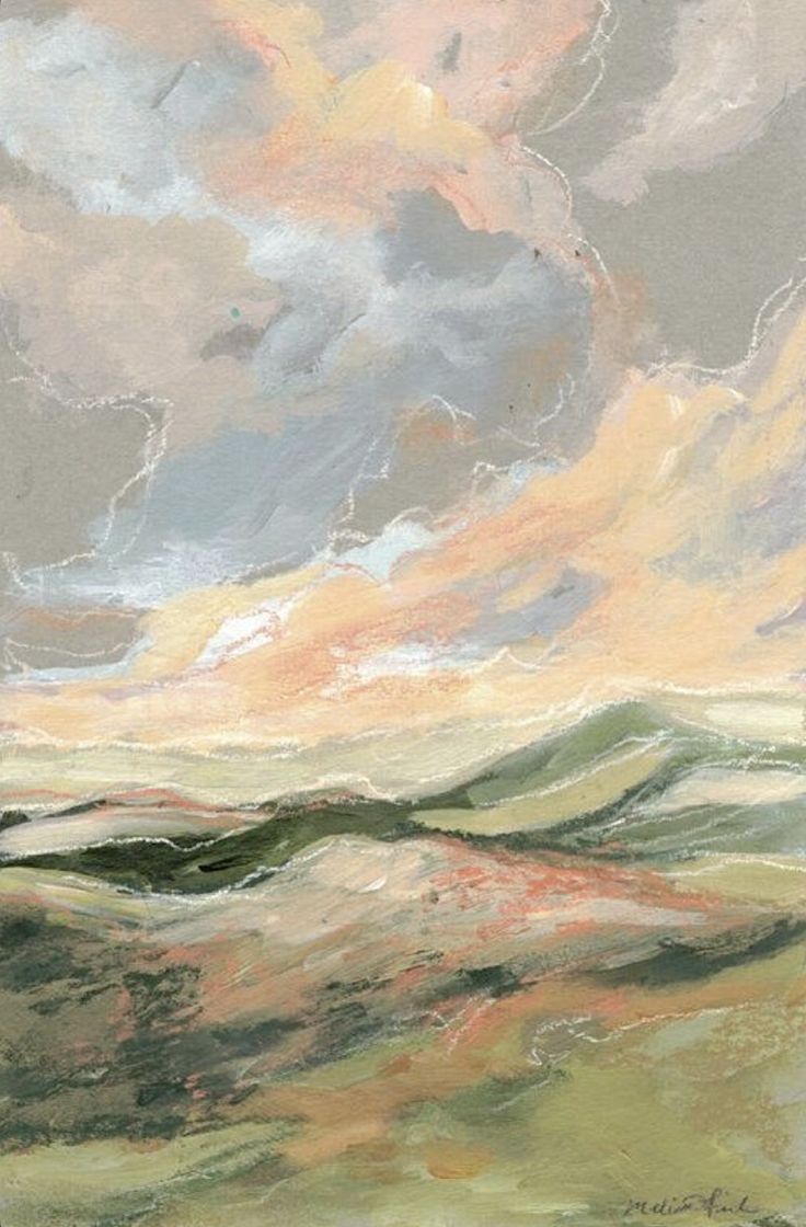 an abstract painting of clouds and mountains in pastel colors with green, orange, yellow, and pink