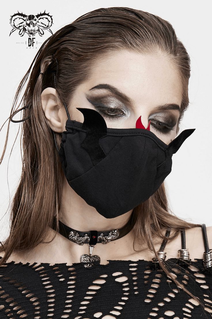 Gothic Women's Cotton Mask with Wings / Black Face Mask with Elastic Adjustable Straps - HARD’N’HEAVY Punk Mask, Wings Black, Female Mask, Black Punks, Black Face Mask, Black Mask, Fashion Now, Environmental Issues, Suede Fabric