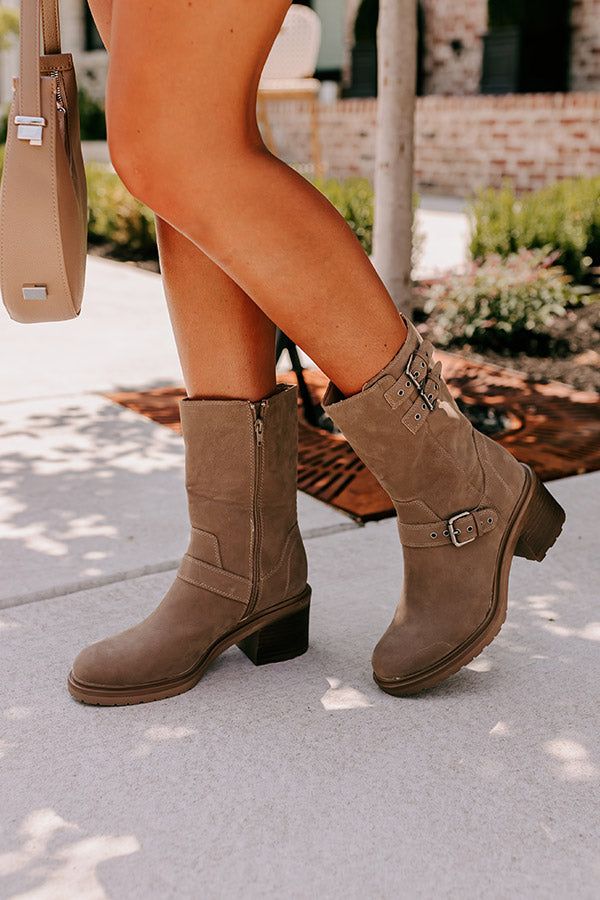 - This faux suede boot runs more true to size - Heel Height: 2.5 inches - Calf Width: 14 inches - Boot Height: 11.5 inches Suede Mid-calf Boots With Reinforced Heel, Beige Suede Mid-calf Boots, Ankle-high Suede Boots With Buckle Closure, Suede Boots With 4-inch Heel And Medium Width, Suede Knee-high Boots With Zipper Closure, Faux Suede Boots, Ribbed Top, Suede Boots, Denim Button Up