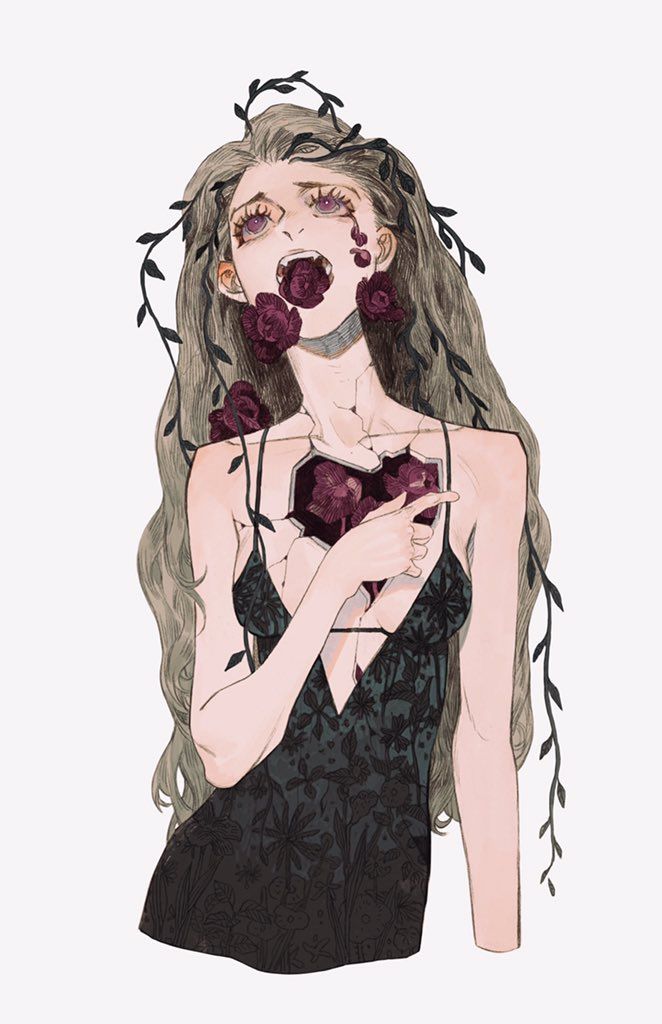 a drawing of a woman with flowers on her face and hands in front of her face