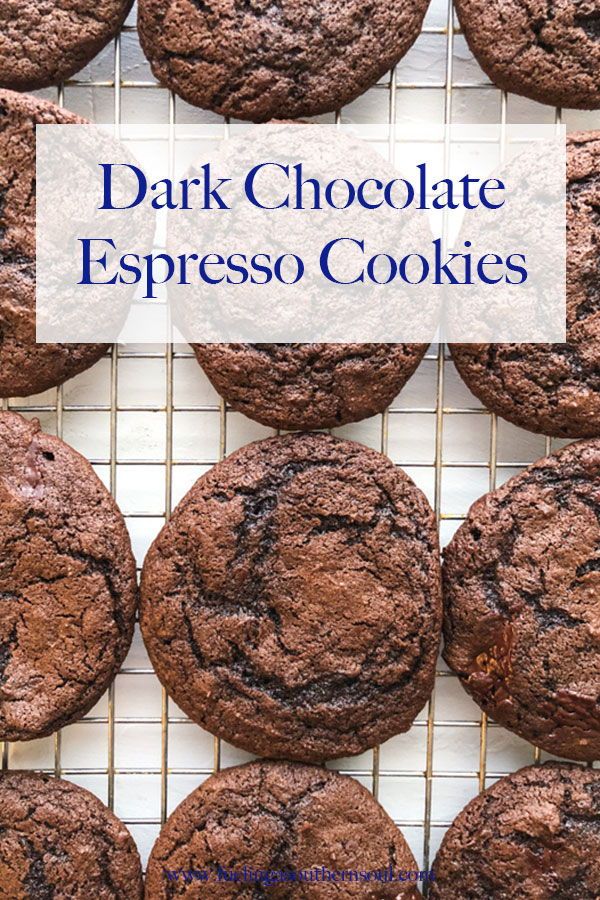 chocolate espresso cookies on a cooling rack with the words dark chocolate espresso cookies