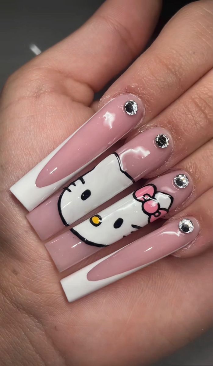 Hello Kitty Nail Ideas, Nail Inspo Baddie, Nails Hello Kitty, Paznokcie Hello Kitty, Hello Kitty Nail, Hello Kitty Nails Art, Kitty Nail, Girls Nail Designs, Kitty Nails