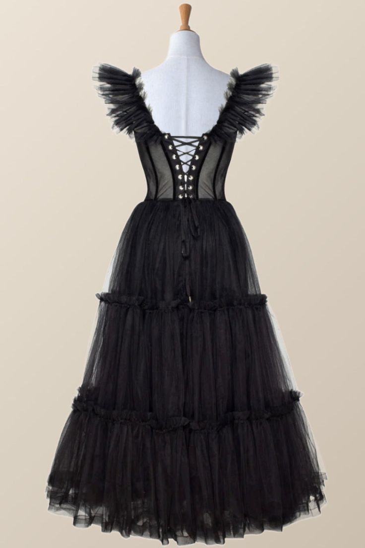 Gothic Summer Corset Dress With Ruffles, Gothic Strapless Corset Dress With Ruffles, Gothic Corset Dress With Ruffles, Black Tulle Corset Dress With Ruffles, Black Lace Corset With Ruffles, Black Corset Dress, Edgy Elegance, Tulle Material, Corset Midi Dress