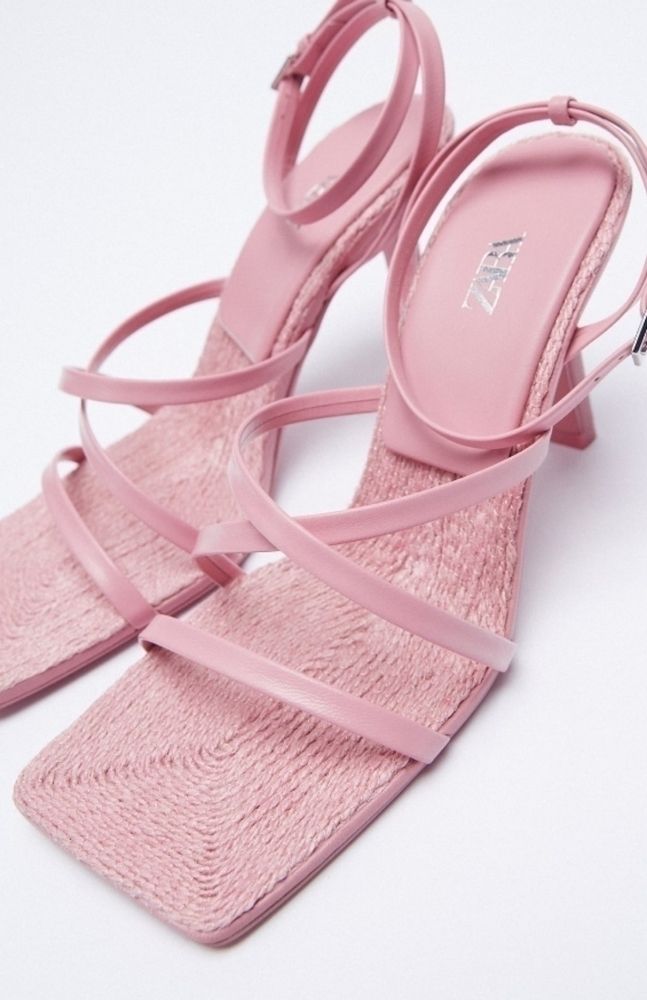 Leather Heeled Sandal, Leather Straps At Upper, Lined Heel, Square Toe, Jute Lined Insole, Buckled Ankle Strap Closure Barbie Pink Color, Feather Sandals, Denim Heels, Zara Heels, Strappy High Heels, Leather Heels Sandals, Slingback Shoes, Only Shoes, Prom Shoes