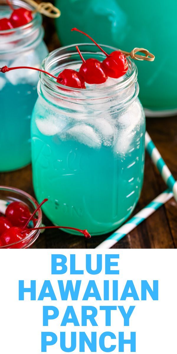 blue hawaiian party punch with cherries in mason jars