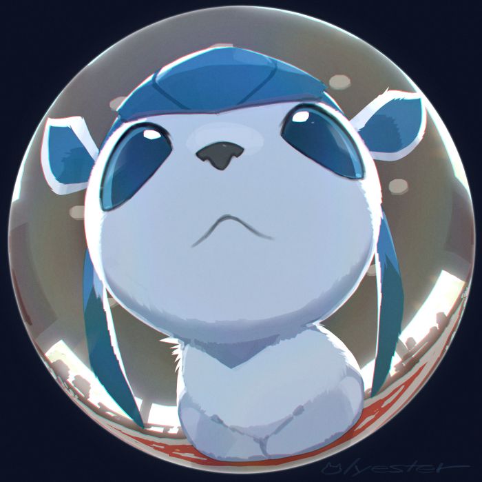 a cartoon character with blue eyes and ears, sitting in front of a circular object