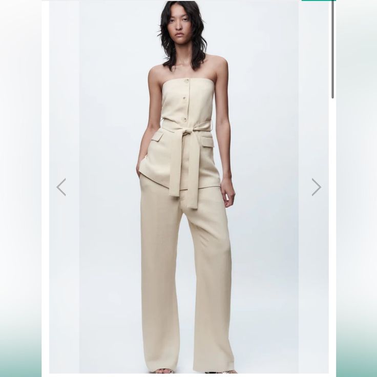 Nwt!! Pants That Go With Top Being Sold Separately Elegant High-waist Strapless Jumpsuit For Spring, Elegant High Waist Strapless Jumpsuit For Spring, Chic Beige Strapless Jumpsuit For Summer, Chic Summer Wide-leg Pantsuit, Chic Summer Pantsuit With Wide-leg Pants, Chic Beige Pantsuit For Summer, Chic Summer Pantsuit For Day Out, Chic High Waist Strapless Jumpsuit For Work, Chic Strapless High-waist Jumpsuit For Work