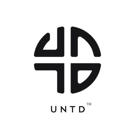 the logo for untd is black and white with a circular design on it