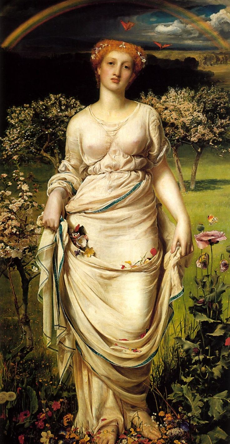 a painting of a woman standing in the grass with flowers around her and a rainbow in the background