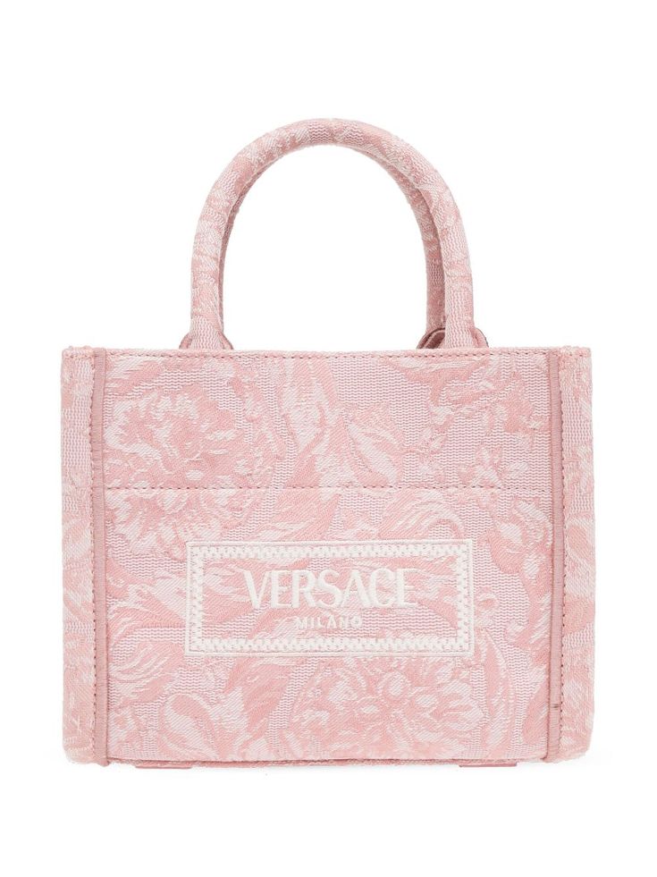 light beige/ivory white canvas leather trim signature Barocco print embroidered logo to the front two rolled top handles adjustable detachable shoulder strap open top main compartment internal zip-fastening pocket Versace Pink, Shoulder Strap Bag, Pink Tote, Iconic Bags, Ballet Flat Shoes, White Canvas, Open Top, Ivory White, Black Tote Bag