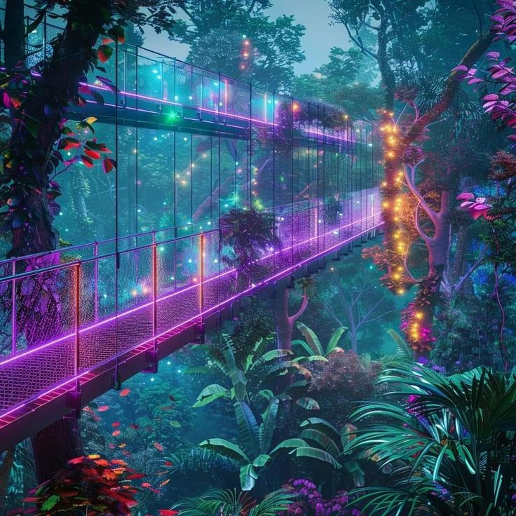 a bridge in the middle of a forest with lights on it and trees around it