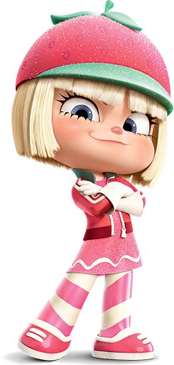 a cartoon character with blonde hair and blue eyes, wearing pink striped pants and a green hat