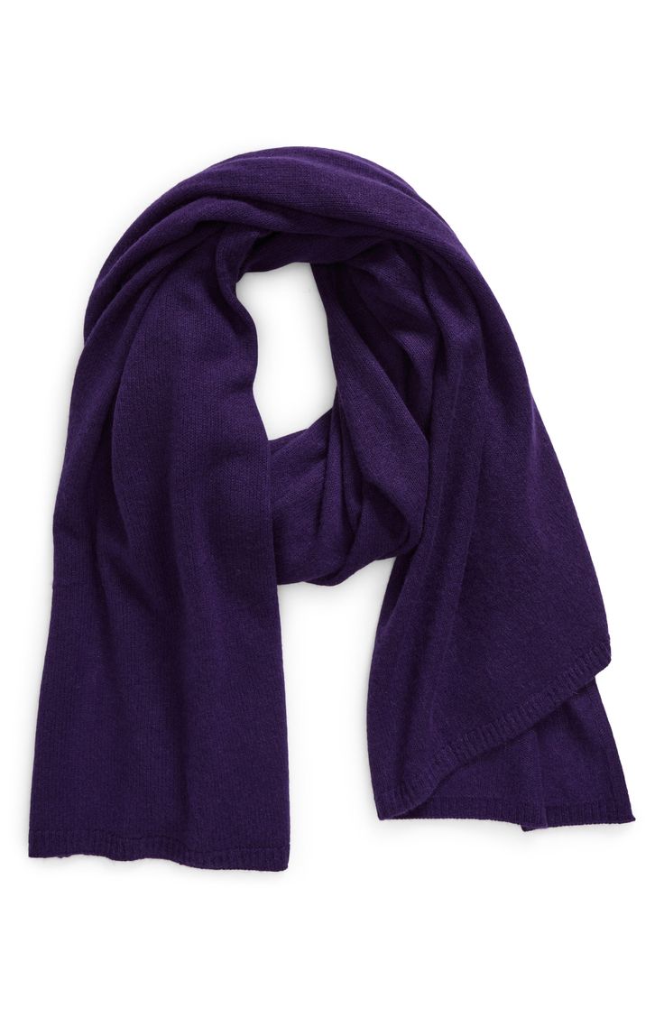 Soft meets sustainable on this cozy yet understated scarf knit from a blend of both recycled and new cashmere. 30" x 82"   Ribbed edges   55% recycled cashmere, 45% cashmere   Dry clean   Imported Purple Scarf, Purple Scarves, Cashmere Scarf, Knit Scarf, Cashmere, Nordstrom, Knitting, Purple, Clothes