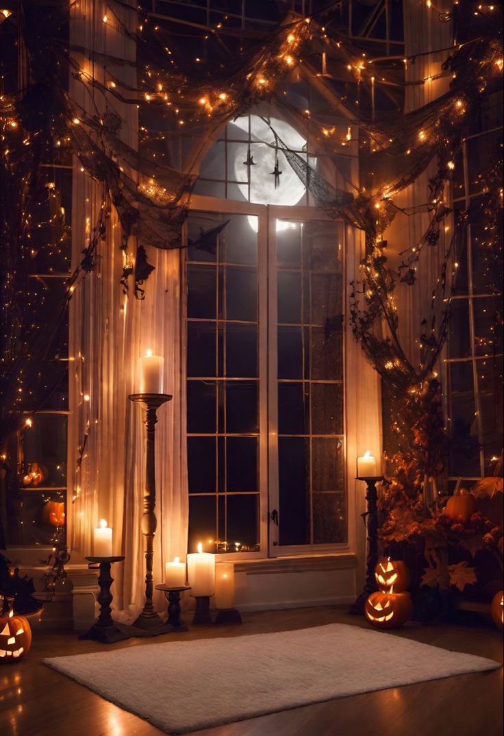 a room filled with lots of halloween decorations and lit up candles in front of a window