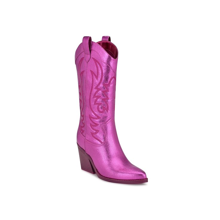 Nine West-Keeks Cowboy Boot Lend a Western flair to your style with the Nine West Keeks cowboy boot. Pointed toe design and contrast stitching patterns highlight this tall boot fashioned with a flared, stacked block heel for elevated elegance. Click here for Boot Measuring Guide.