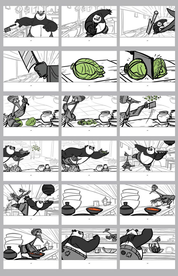 an animation storyboard showing different scenes