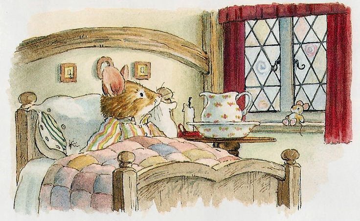 a watercolor drawing of a rabbit in bed