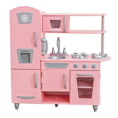 a pink play kitchen with sink, stove and oven is shown on a white background