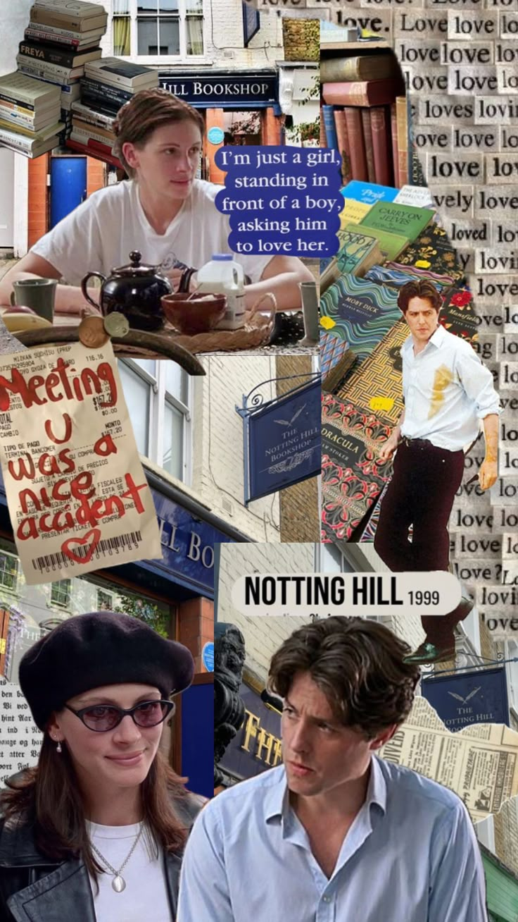 the collage shows two people in front of books, one with a hat and glasses