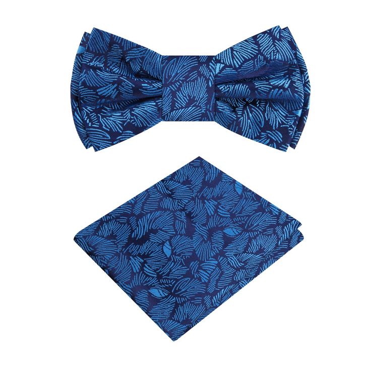 Dark Blue with Light Blue Palm Leaves Bow Tie Introducing our exquisite luxury silk bow tie, a captivating piece that combines timeless elegance with a touch of tropical charm. The dark blue backdrop sets the stage for an enchanting display of blue palm leaves, evoking a sense of wanderlust and relaxation. This bow tie is the perfect accessory for those seeking a sophisticated yet adventurous style. Paired with the bow tie, we offer an accenting solid blue pocket square that harmonizes seamlessl Navy Formal Ties For Summer, Classic Blue Suit And Tie Accessories For Summer, Blue Summer Wedding Ties, Elegant Summer Bow For Gifts, Blue Bow Tie With Butterfly Knot For Formal Events, Elegant Blue Suit And Tie Accessories For Party, Blue Bow Ties For Black Tie Occasions, Summer Blue Bow Tie And Suit Accessories, Summer Blue Bow Tie And Accessories