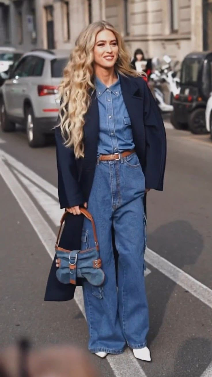 Emily Sindlev Style, Emili Sindlev Style, Denim On Denim Outfit, Wide Leg Outfit, Jumpsuit Jeans, Emili Sindlev, How To Wear Jeans, Winter Mode Outfits, Trendy Fall Fashion