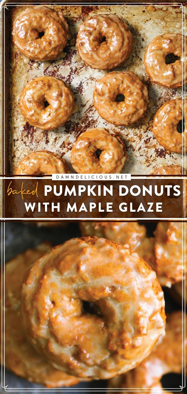 baked pumpkin donuts with maple glaze on a baking sheet and in a pan