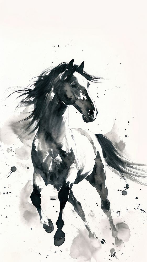 a black and white painting of a horse running in the wind with watercolor splashes