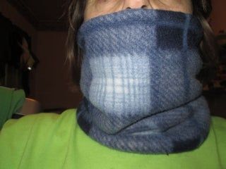 a woman wearing a blue and white plaid scarf covering her face with a green t - shirt